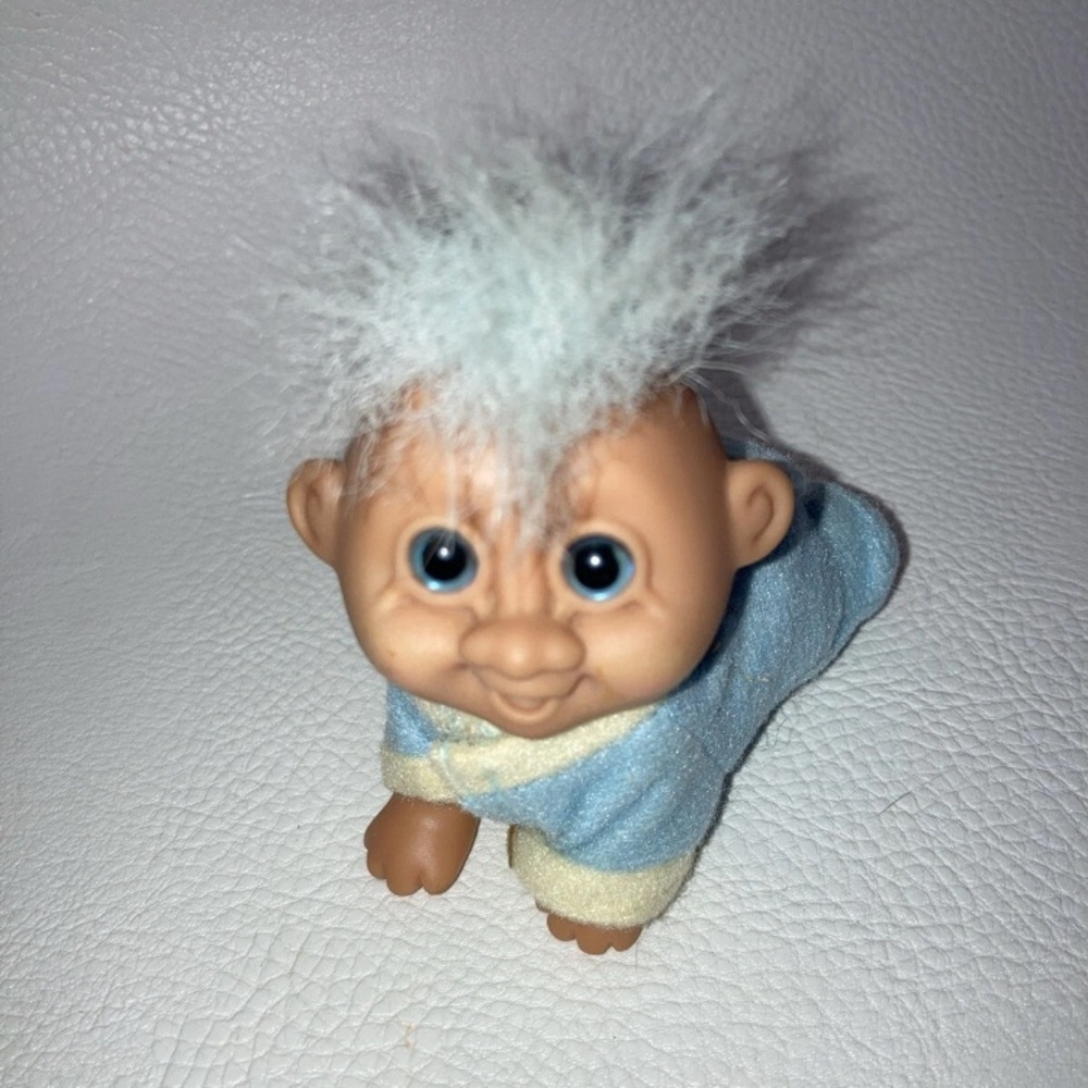 RARE Vintage Russ 90s Troll Doll 3” Crawling Baby With Blue Hair In Blue Outfit